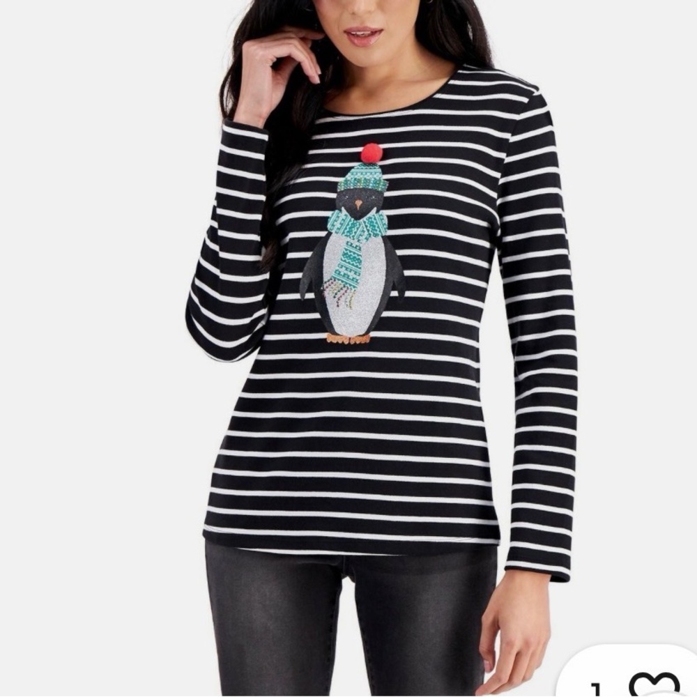 Karen Scott Black and White Striped Kids Tee with Penguin
